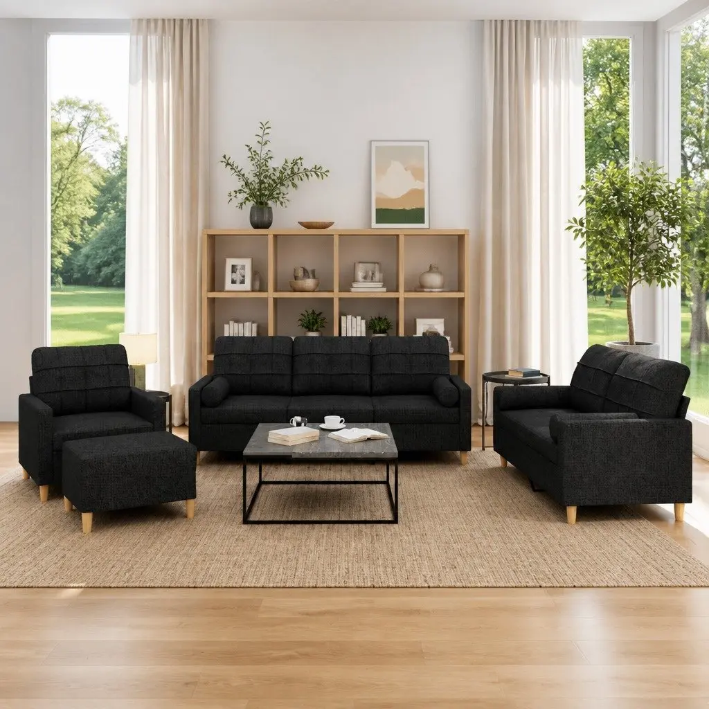 Sofa Set Black Fabric 4 Piece Lounge with Pillows Ottoman Footstool