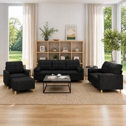 4 Piece Black Fabric Sofa Set with Pillows and Ottoman