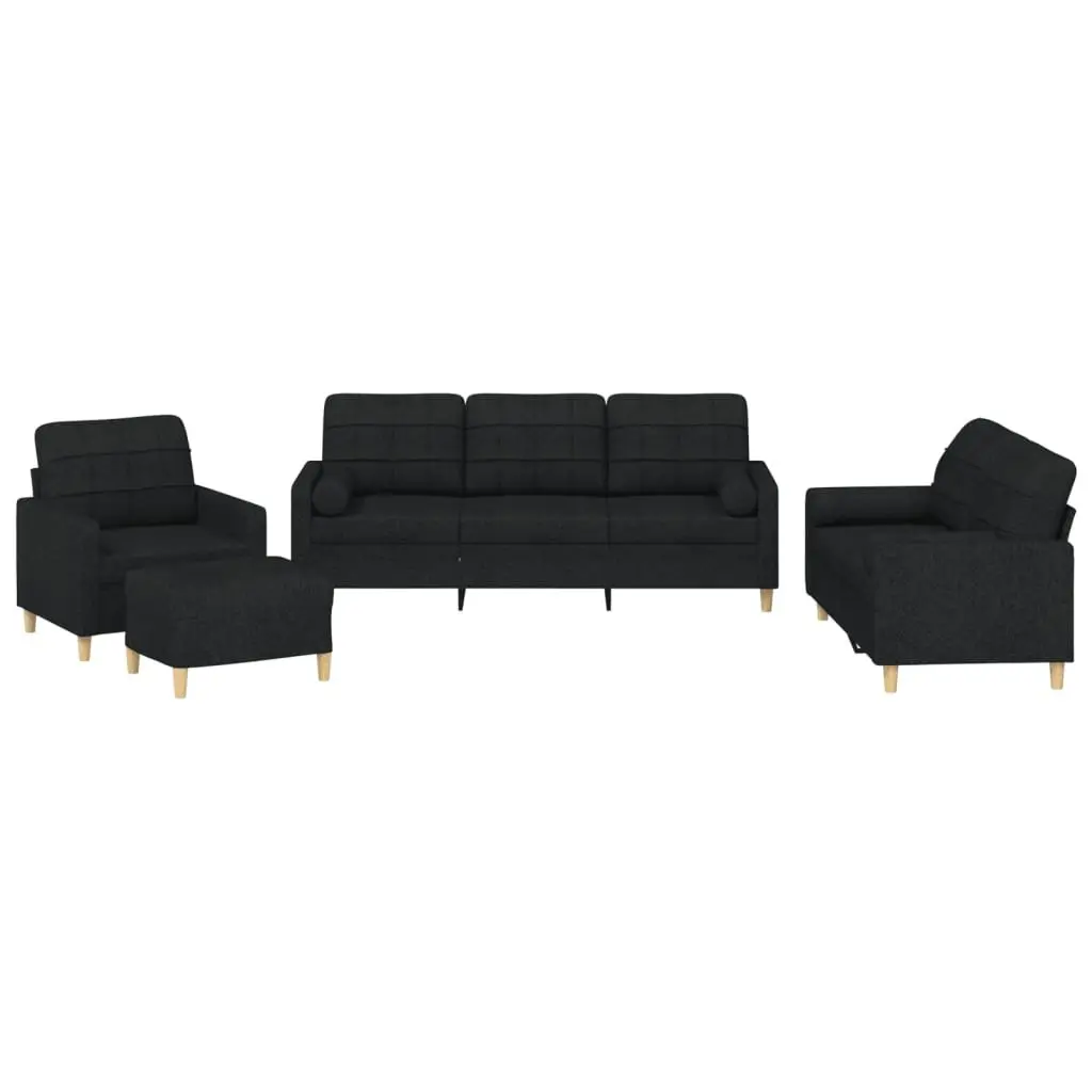 Sofa Set Black Fabric 4 Piece Lounge with Pillows Ottoman Footstool