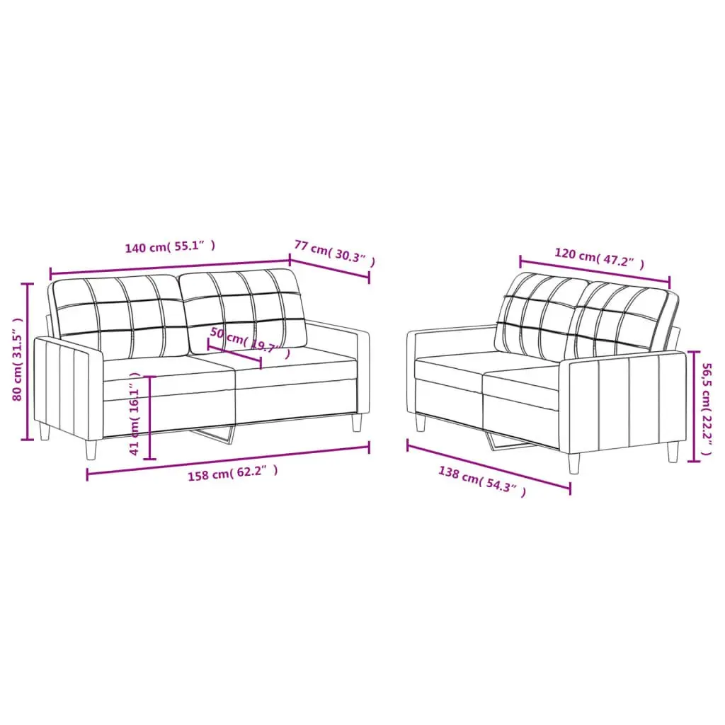Sofa Set Black Fabric Modern 2 Piece Living Room Lounge Couch