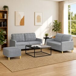 Comfortable 3 Piece Grey Fabric Sofa Set with Footstool