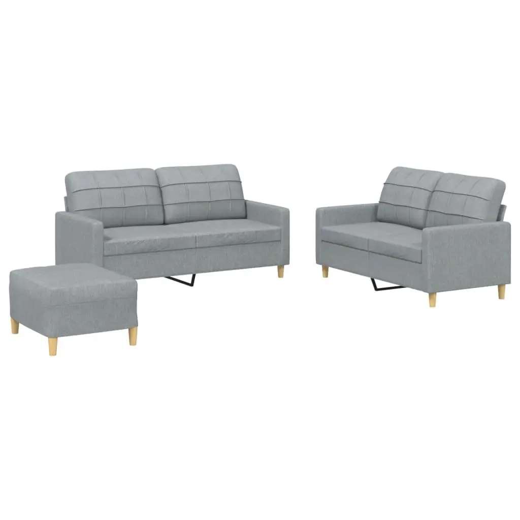 3 Piece Sofa Set Grey Fabric Couch with Footstool Living Room Furniture