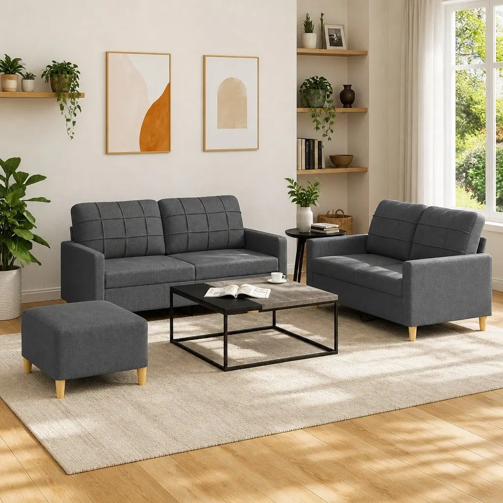 3 Piece Sofa Set Grey Fabric Lounge Suite Living Room Furniture