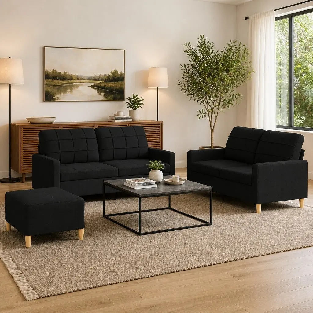 3 Piece Sofa Set Black Fabric Living Room Lounge Suite