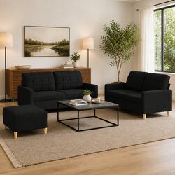 Cozy 3 Piece Sofa Set with Footstool in Black Fabric