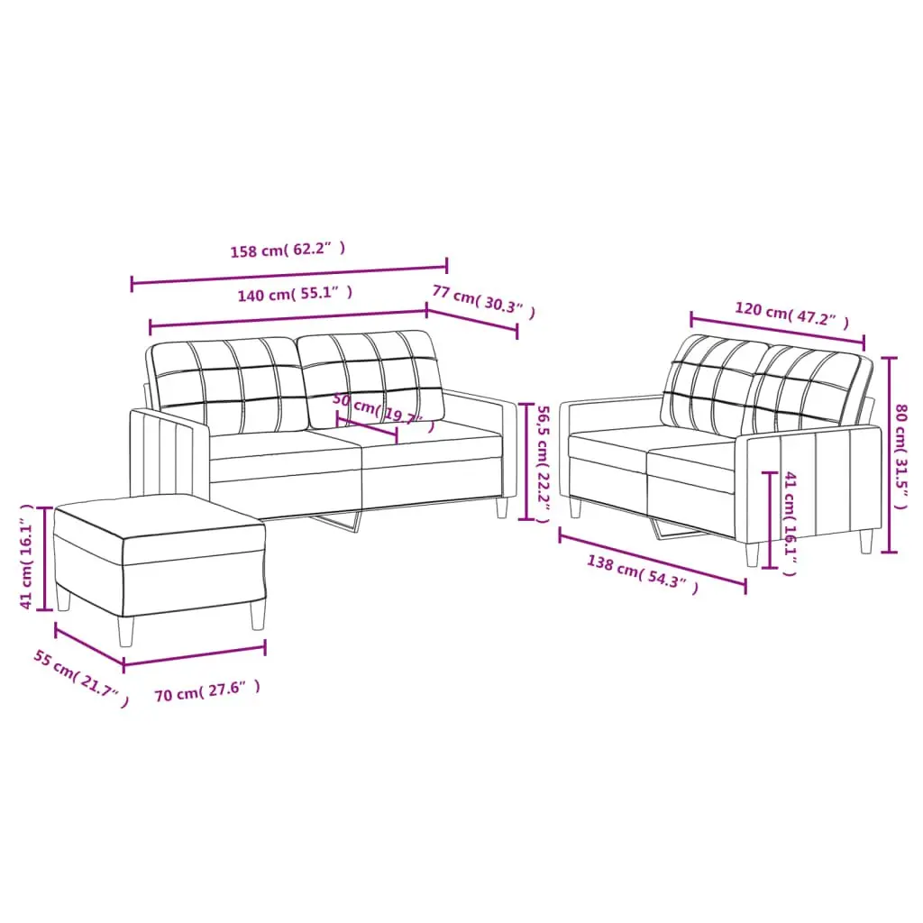 3 Piece Sofa Set Black Fabric Living Room Lounge Suite