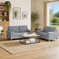 Inviting 2 Piece Grey Fabric Sofa Set with Pillows