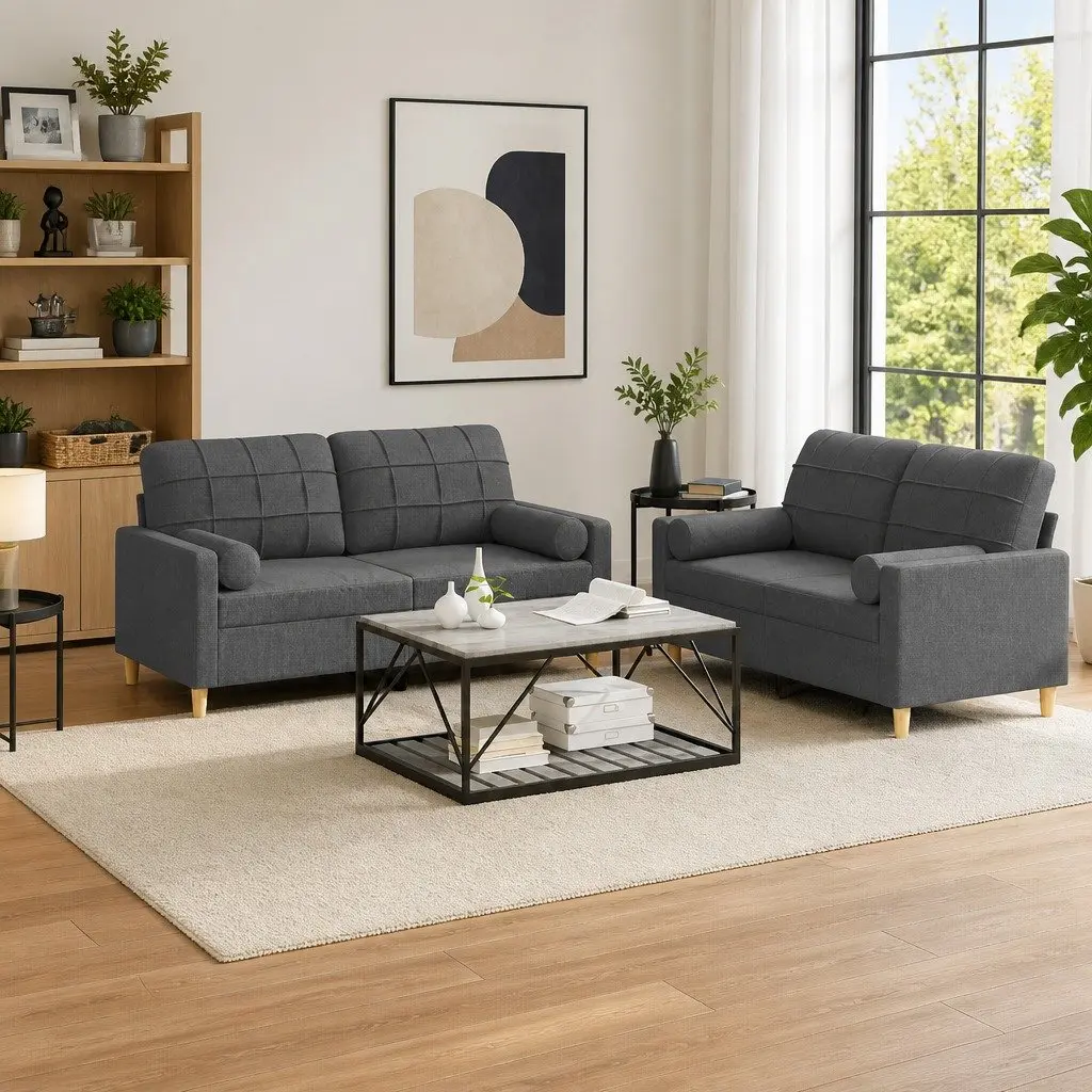 2 Piece Sofa Set Grey Fabric Couch Plywood and Metal Living Room Furniture