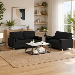 Cozy Black Fabric 2 Piece Sofa Set with Pillows