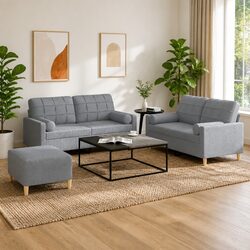 3 Piece Grey Fabric Sofa Set with Footstool and Pillows