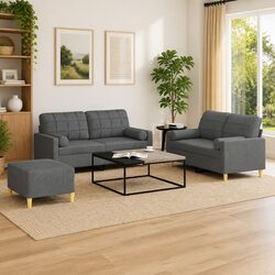 Grey Fabric 3 Piece Sofa Set with Pillows and Footstool