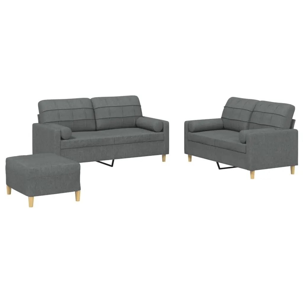 Grey Fabric Sofa Set Compact 3 Piece Living Room Couch with Footstool and Pillows