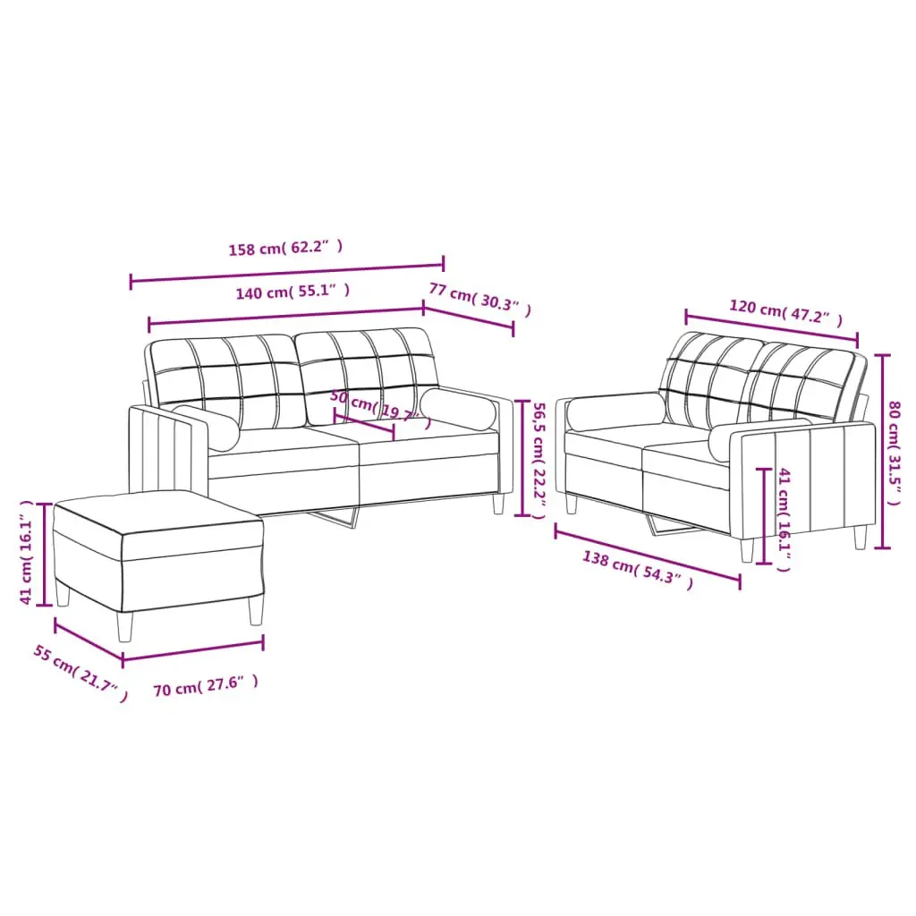 Grey Fabric Sofa Set Compact 3 Piece Living Room Couch with Footstool and Pillows