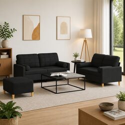 3 Piece Black Fabric Sofa Set with Pillows and Footstool