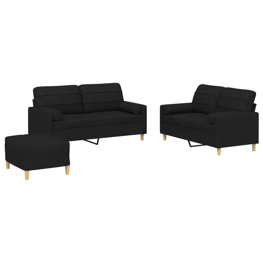 3 Piece Sofa Set Black Fabric Lounge Suite Couch with Pillows Footstool