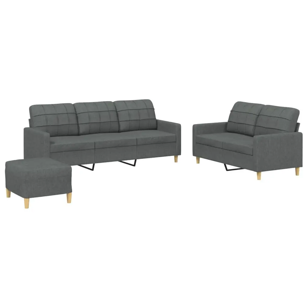 Grey Fabric 3 Piece Sofa Set Living Room Lounge Seating with Footstool and Cushions