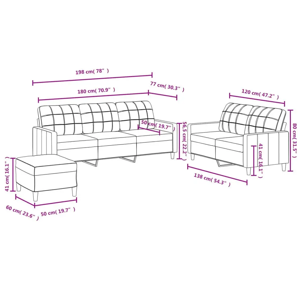 Grey Fabric 3 Piece Sofa Set Living Room Lounge Seating with Footstool and Cushions