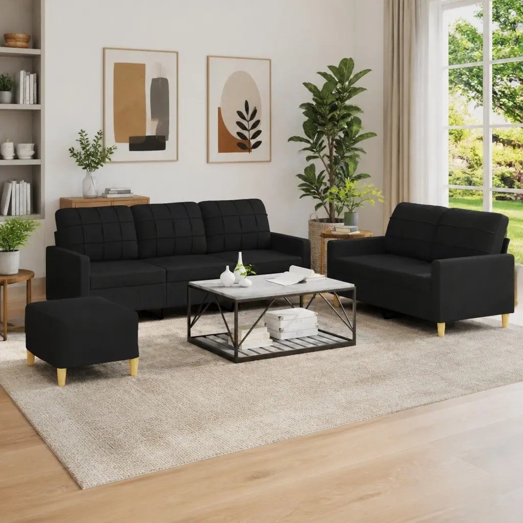 Black Fabric 3 Piece Lounge Suite Set with Cushions and Footstool for Living Room