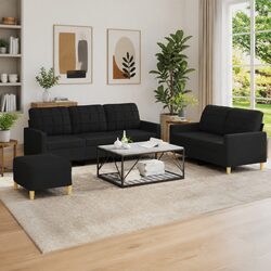Cozy 3-Piece Black Fabric Sofa Set with Footstool