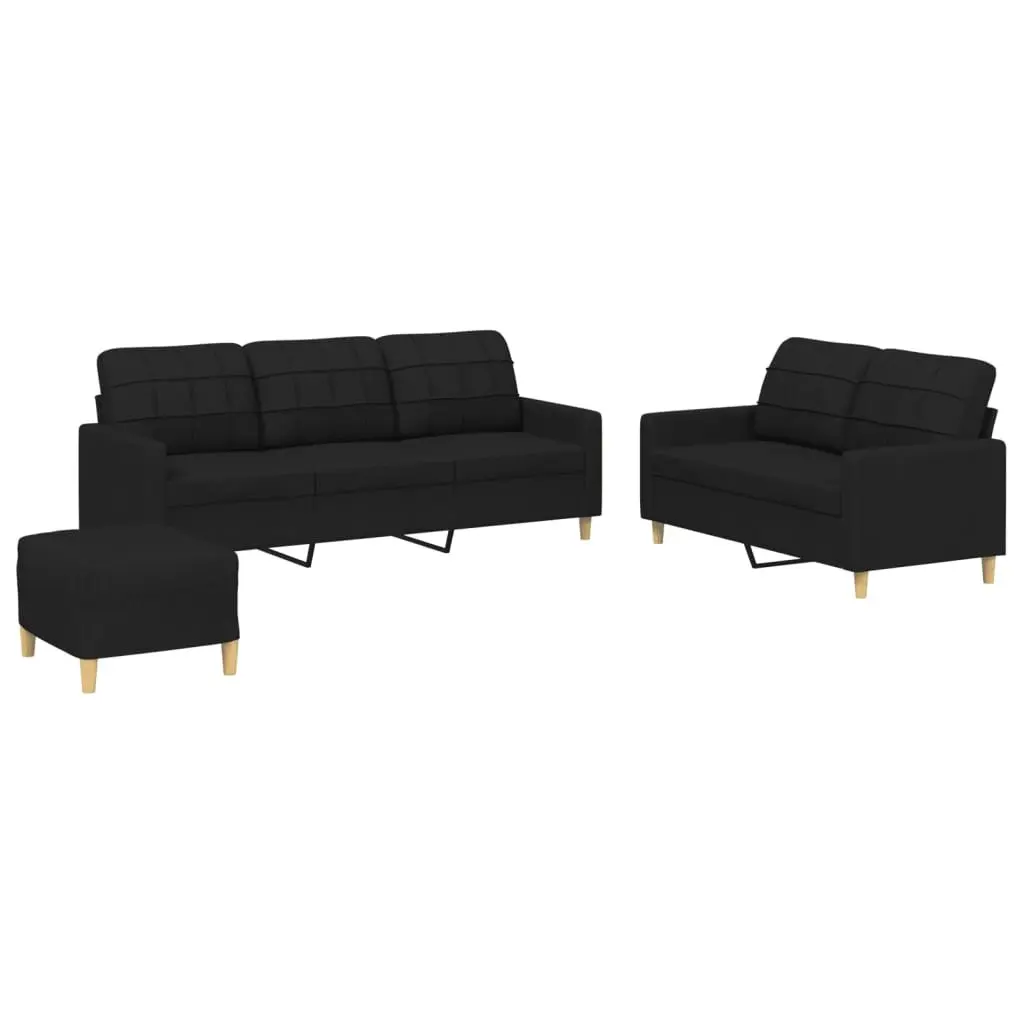 Black Fabric 3 Piece Lounge Suite Set with Cushions and Footstool for Living Room