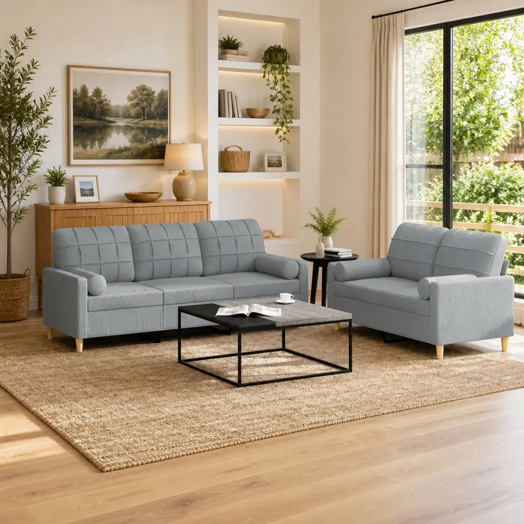 2 Piece Sofa Set Grey Fabric Plywood and Metal Frame
