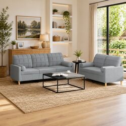Comfortable 2 Piece Grey Fabric Sofa Set with Pillows