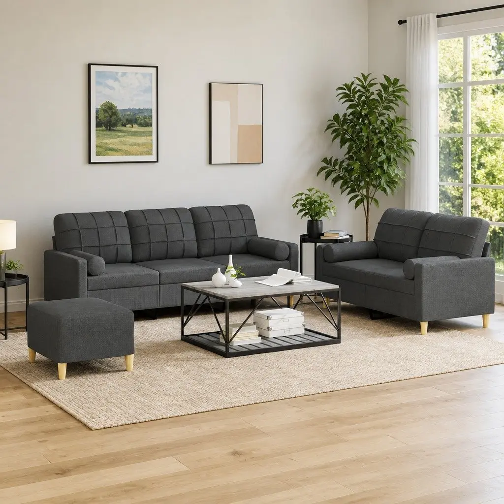 Grey Fabric Lounge Sofa Set 3 Piece with Footstool and Pillows for Living Room