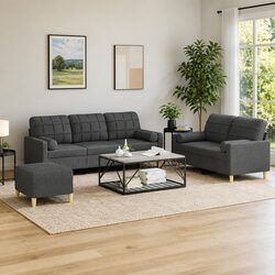Grey Fabric 3 Piece Sofa Set with Pillows & Footstool