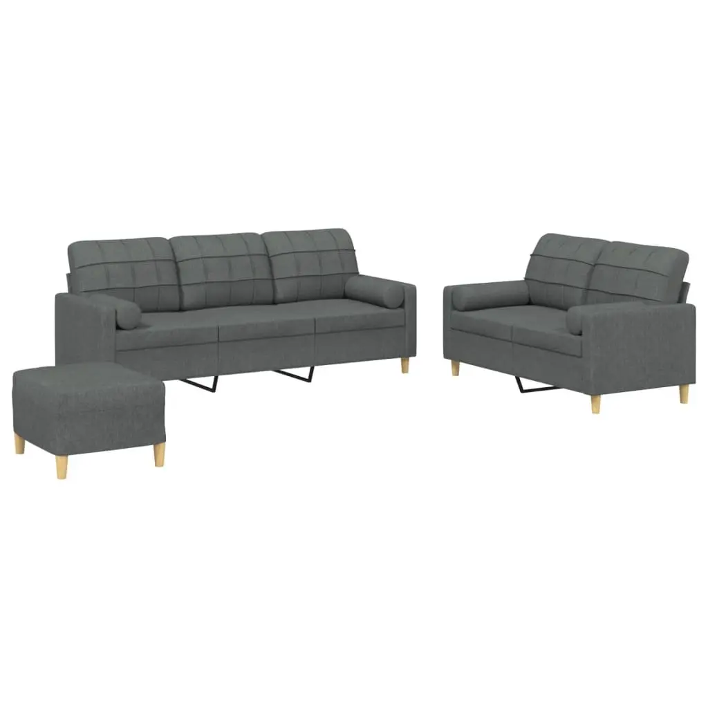 Grey Fabric Lounge Sofa Set 3 Piece with Footstool and Pillows for Living Room
