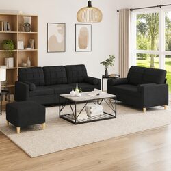 Elegant Black Fabric 3 Piece Sofa Set with Pillows