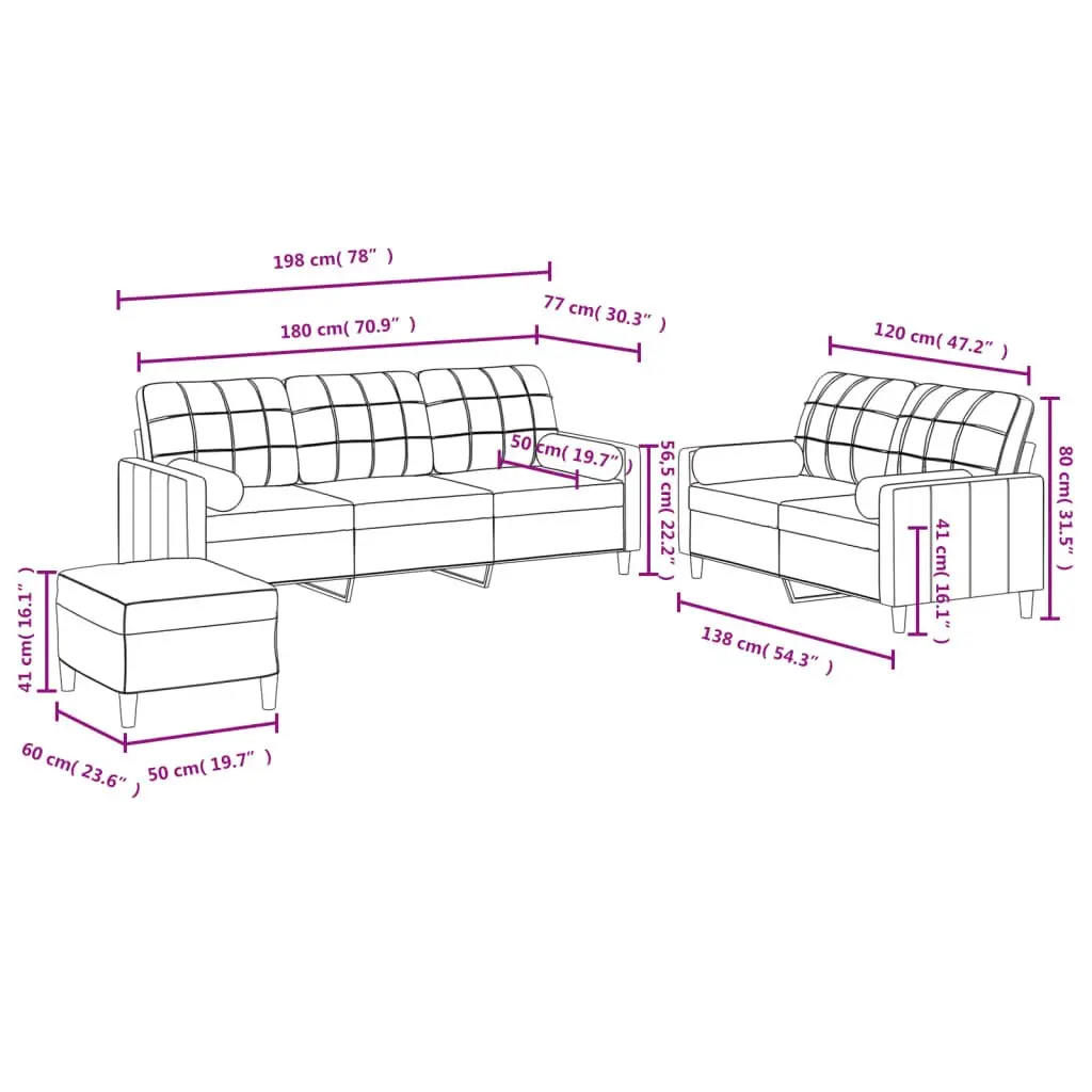 3 Piece Sofa Set Black Fabric Lounge Suite with Footstool and Pillows