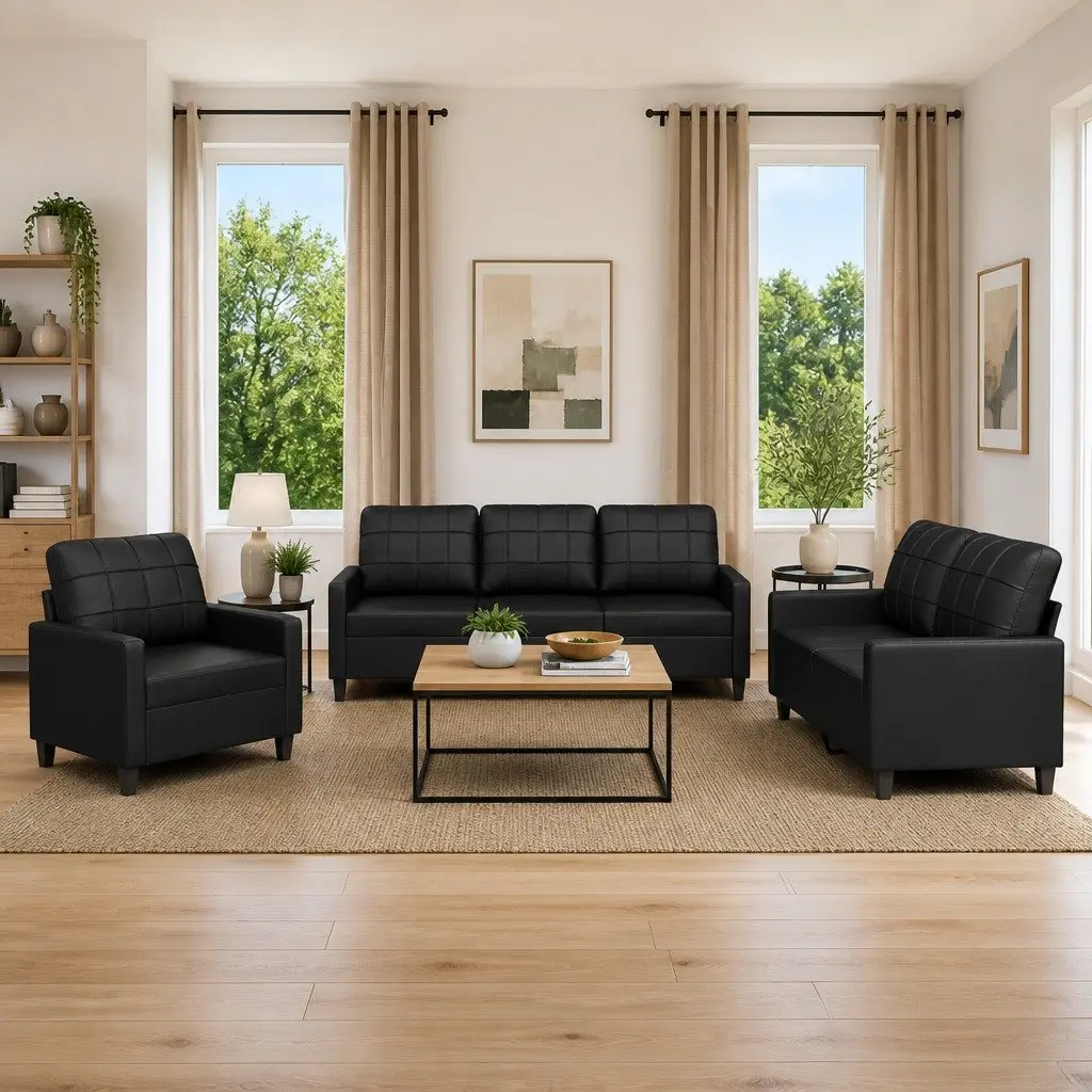 Black Faux Leather 3 Piece Sofa Set Modern Living Room Furniture with Cushions