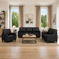 Cozy 3 Piece Black Faux Leather Sofa Set