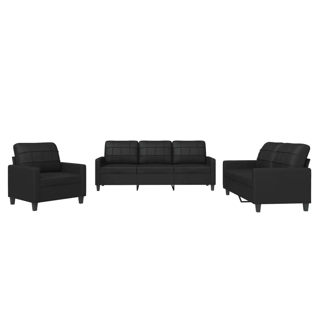Black Faux Leather 3 Piece Sofa Set Modern Living Room Furniture with Cushions