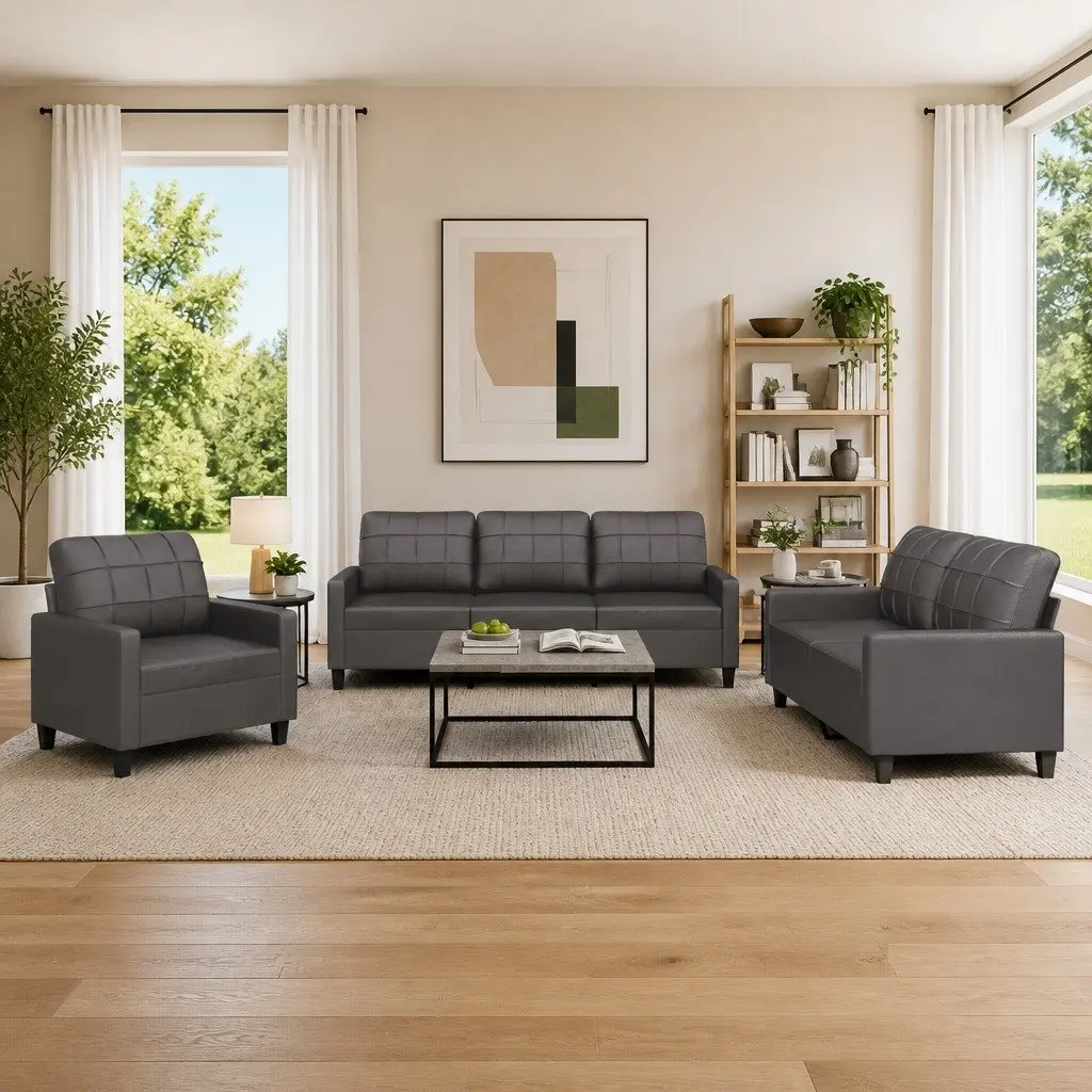 3 Piece Sofa Set Grey Modern Faux Leather Living Room Furniture