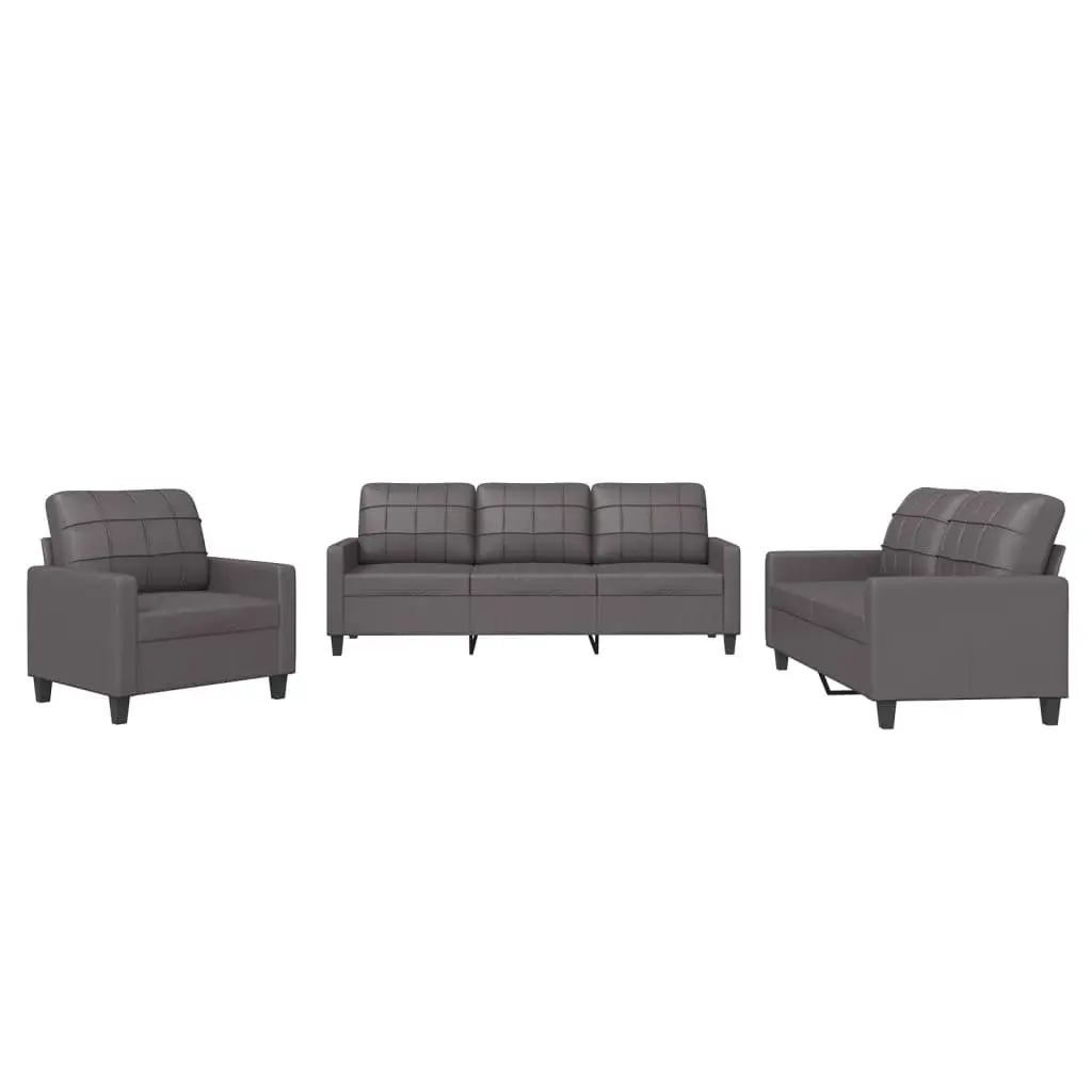 3 Piece Sofa Set Grey Modern Faux Leather Living Room Furniture