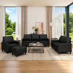 4-Piece Black Faux Leather Sofa Set with Cushions