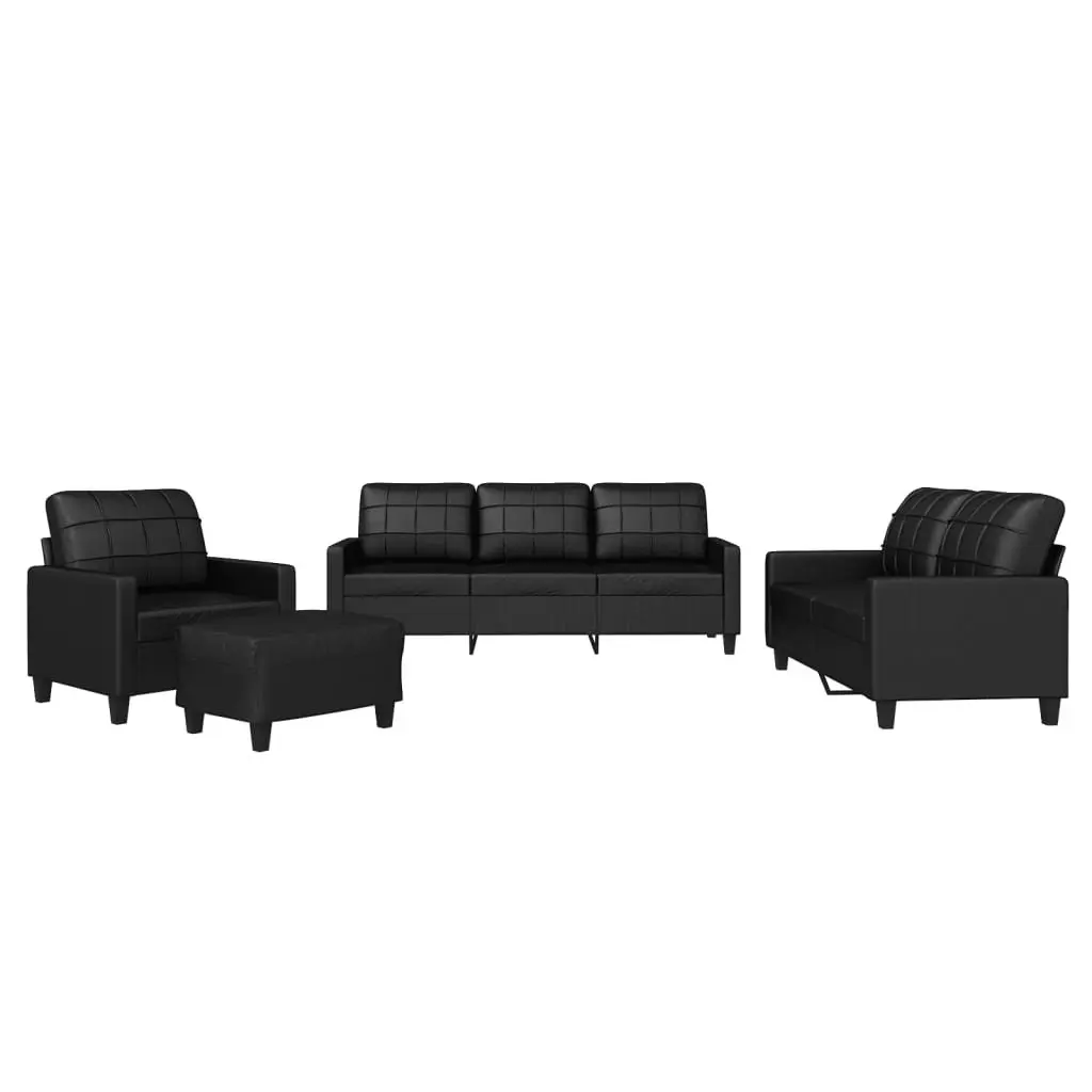 4 Piece Sofa Set Black Faux Leather Compact Lounge Seating with Cushions and Footstool