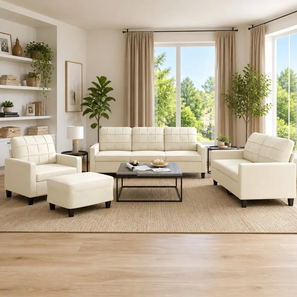 4 Piece Living Room Sofa Set Cream Faux Leather with Cushions and Footstool