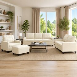 Cozy Cream Faux Leather 4 Piece Sofa Set