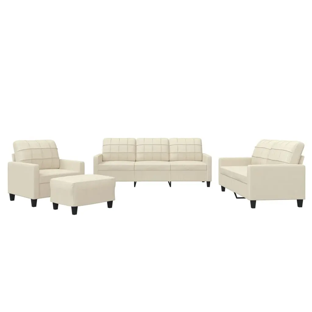 4 Piece Living Room Sofa Set Cream Faux Leather with Cushions and Footstool