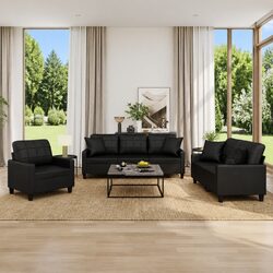 Stylish Black Faux Leather Sofa Set with Pillows