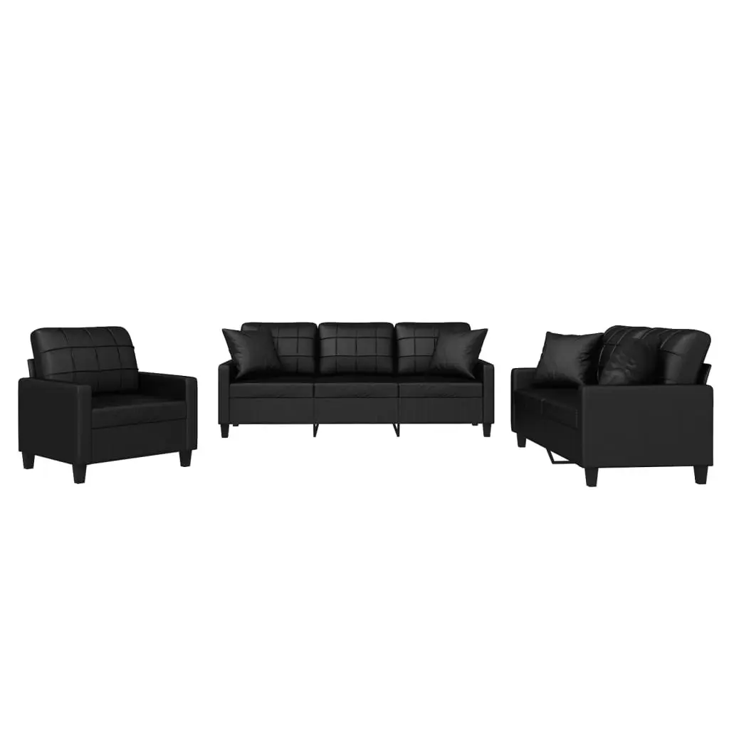 Sofa Set Black Faux Leather 3 Piece Living Room Furniture