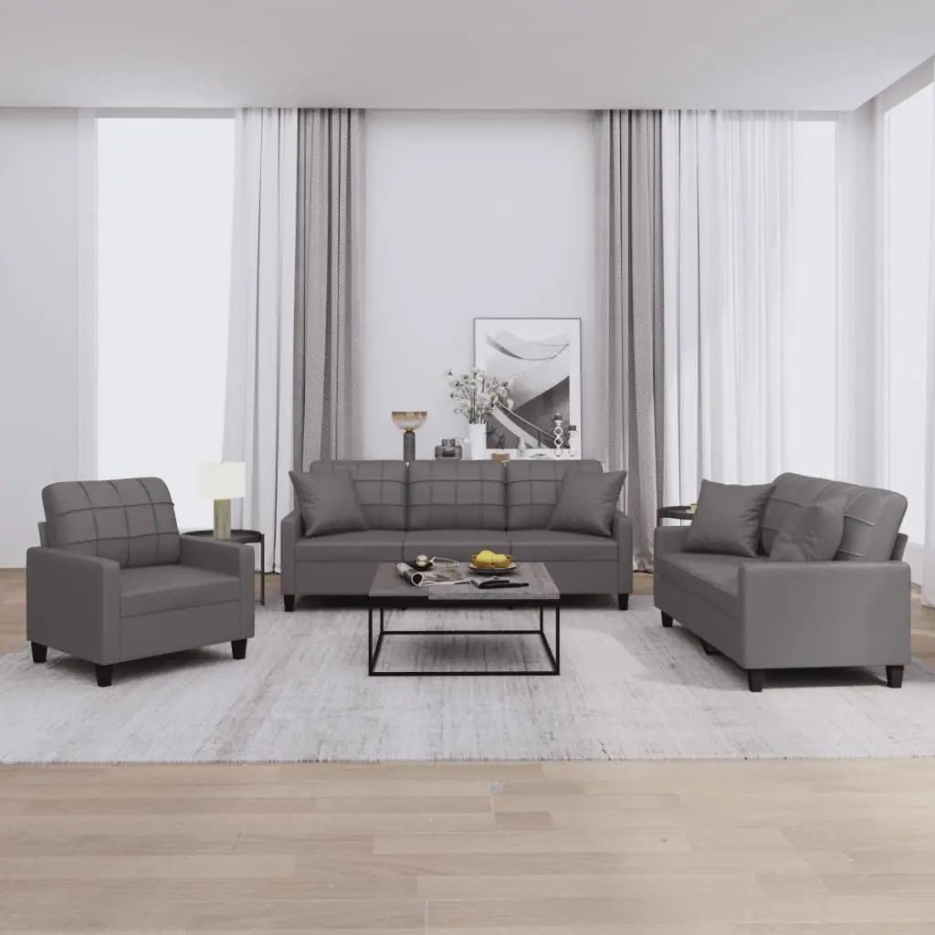 3 Piece Sofa Set Grey Faux Leather Couch
