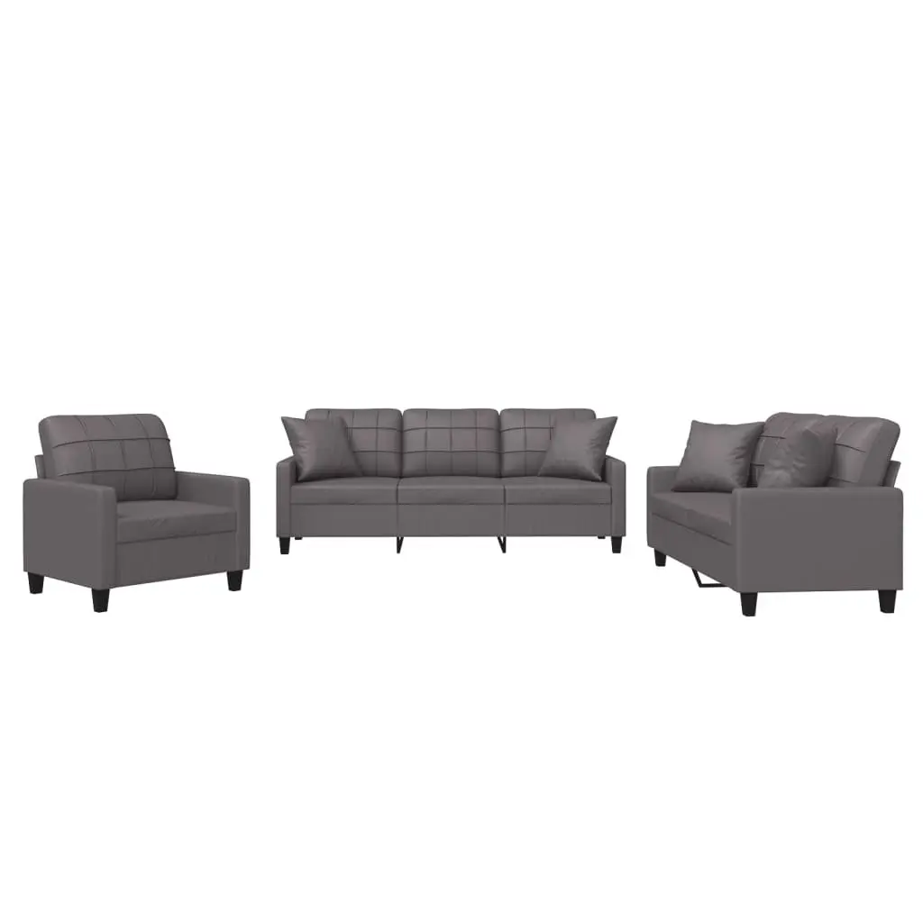 3 Piece Sofa Set Grey Faux Leather Couch