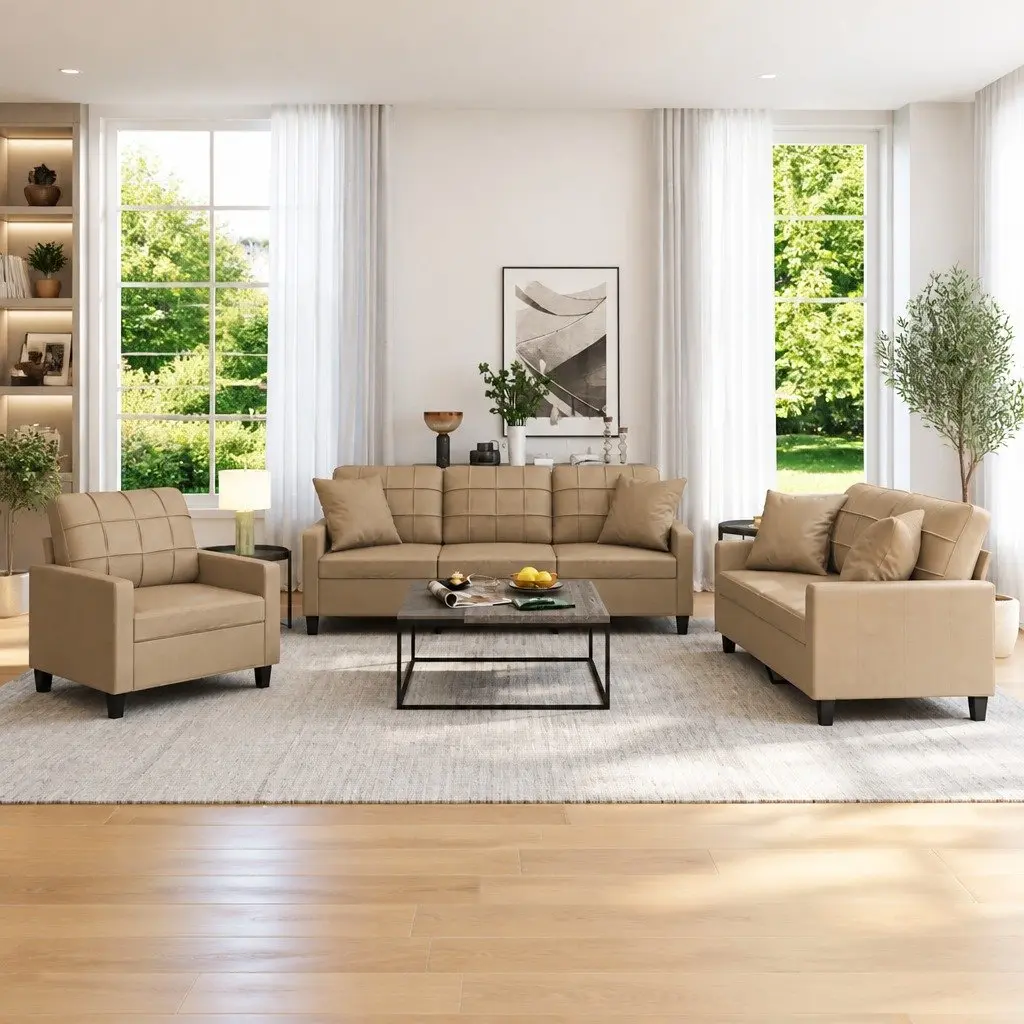 3 Piece Couch Set Brown Faux Leather Living Room Sofa with Throw Pillows