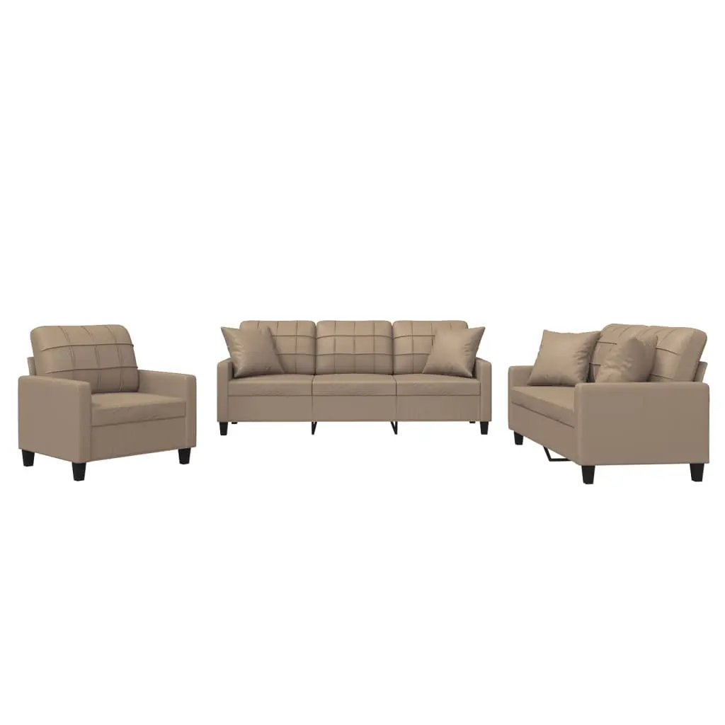 3 Piece Couch Set Brown Faux Leather Living Room Sofa with Throw Pillows