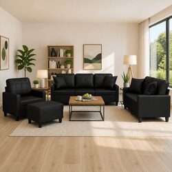 4 Piece Faux Leather Sofa Set with Throw Pillows