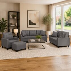 4 Piece Grey Faux Leather Sofa Set with Footstool