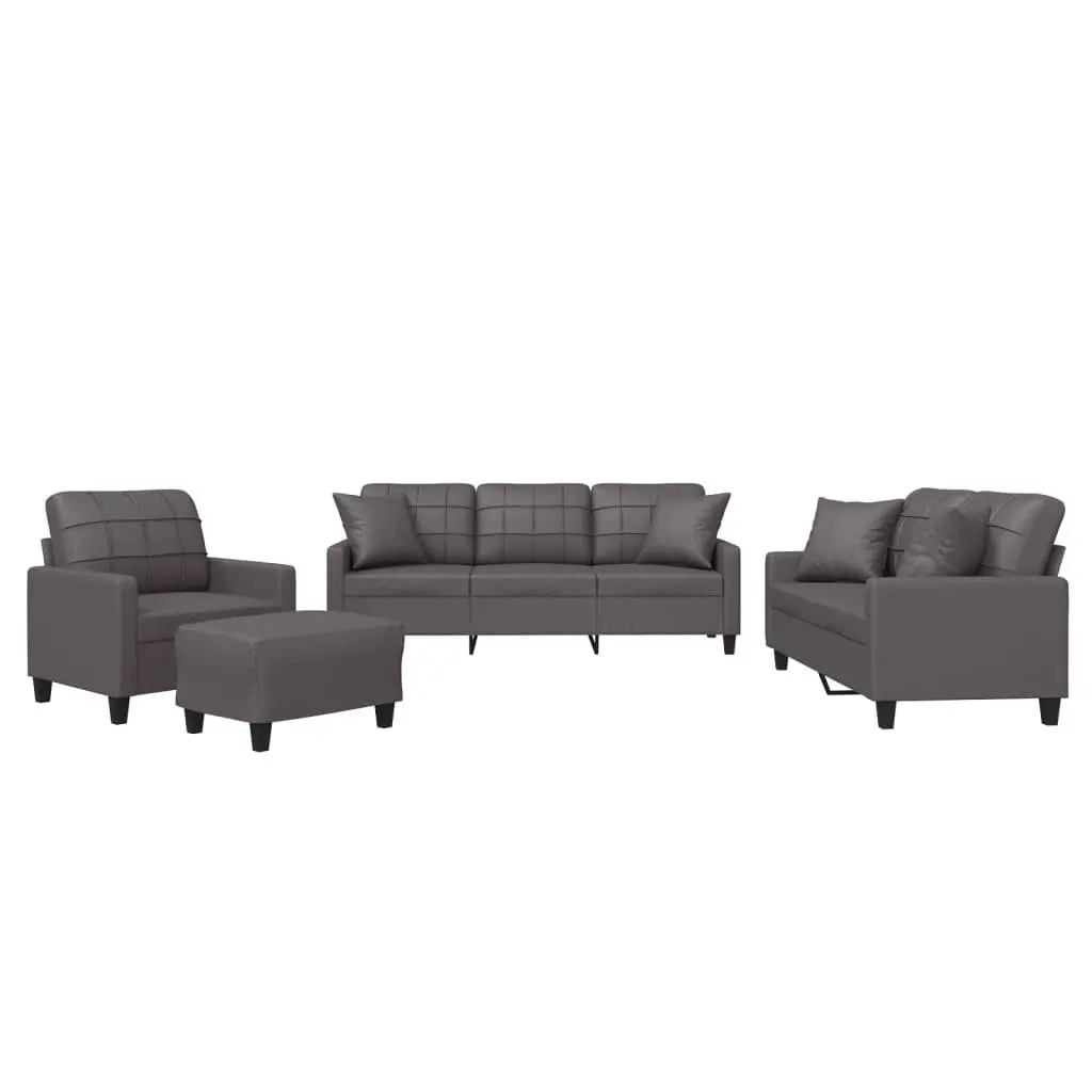 4 Piece Sofa Set Grey Faux Leather Couch with Throw Pillows Footstool Living